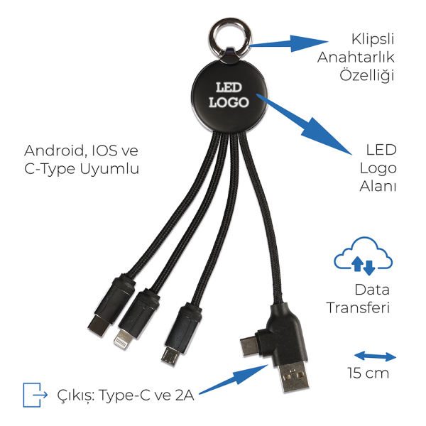 Işıklı Logo Type-c Uçlu Şarj Kablosu