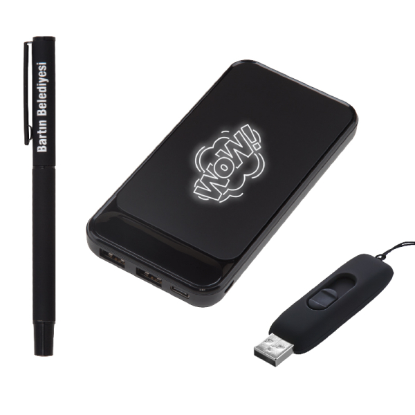 Hediyelik Set - Led Işıklı 10.000 Mah Powerbank - Led Işıklı Usb Bellek Led Işıklı Rubber Metal Kalem