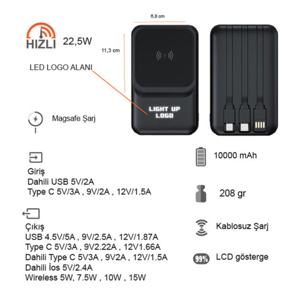 Işıklı Logo Hızlı Wireless Şarj Magsafe 10000 Mah