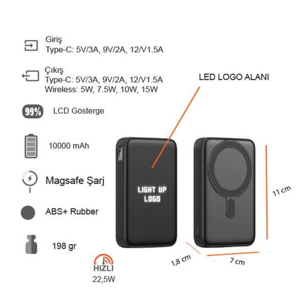 Işıklı Logo Hızlı Wireless Şarj Magsafe 10000 Mah