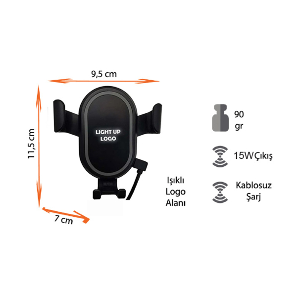 Işıklı Logo Kablosuz Şarj Araç Içi Telefon Tutucu